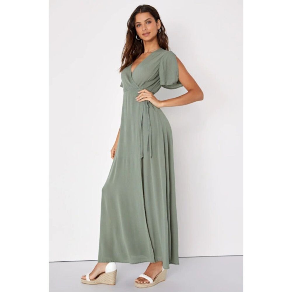 Lulu's Much Obliged Washed Olive Green Wrap Maxi Dress Small New
